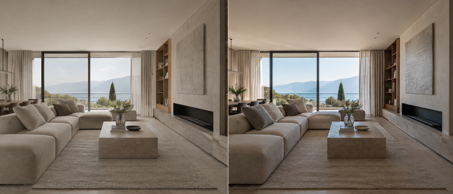 Photorealistic interior design render and its realized counterpart